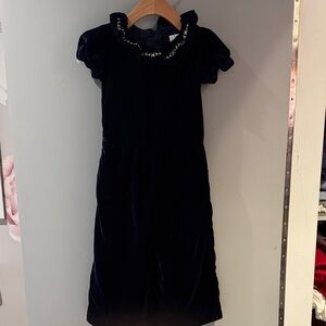 Girls Navy Velvet Dress with Ruffle Collar